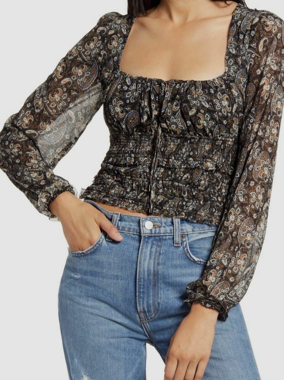 Free People Black Paisley Smocked Square-Neck Blouse